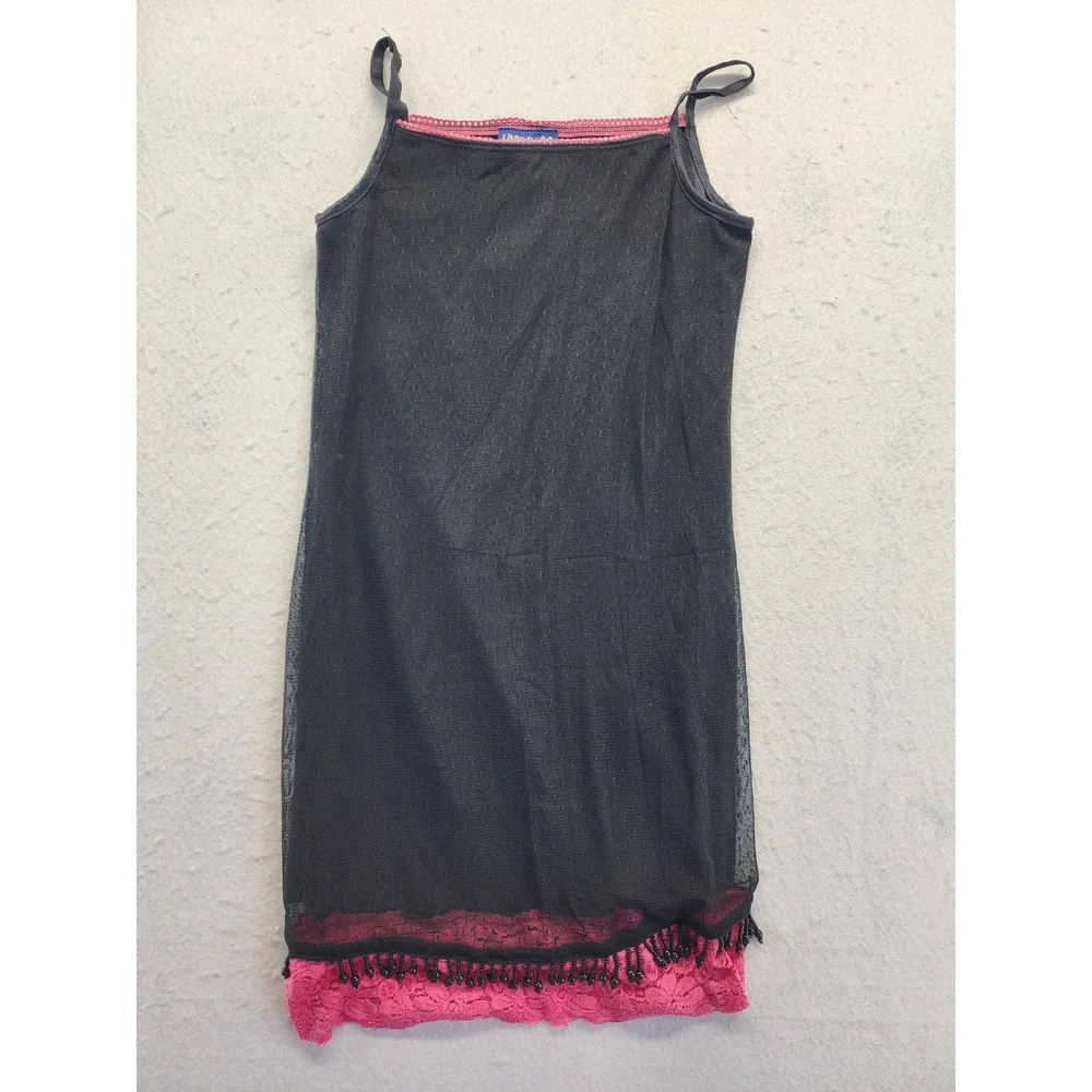 Limited Too Vintage Y2K Black Mesh Pink Lace Beaded Mini Dress Size 7